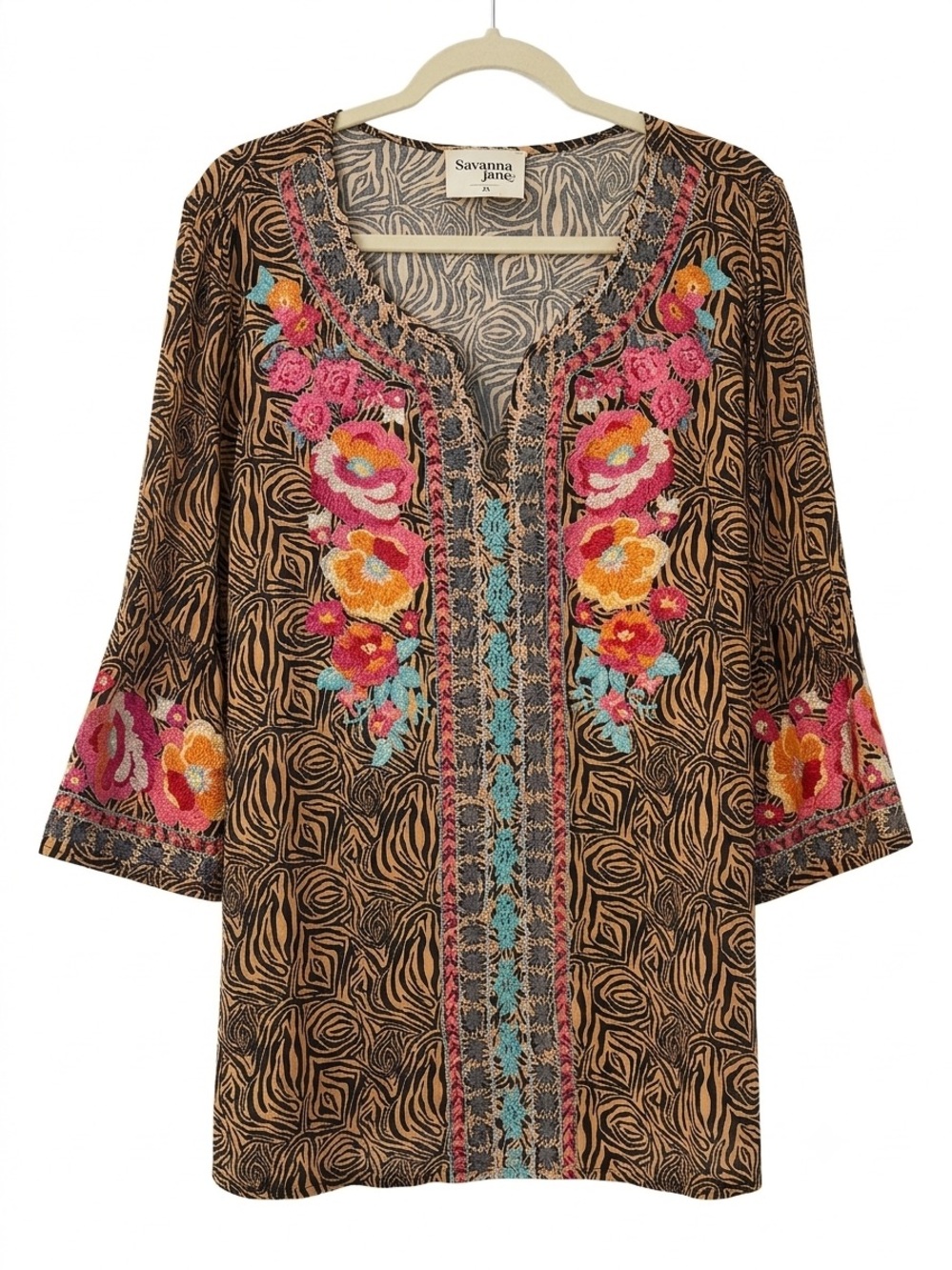 Savanna Jane Black & Tan Embroidered Blouse - 2X